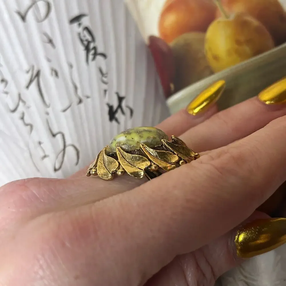 Vintage Gold Tone Ring with Light Green Resin Stone